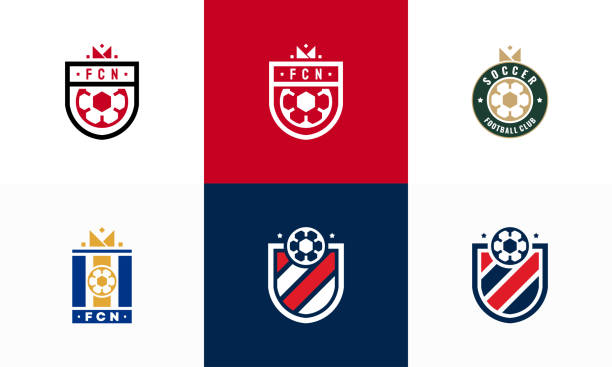 ilustraciones, imágenes clip art, dibujos animados e iconos de stock de conjunto de insignias de fútbol con diseños de símbolos de escudo, plantilla de símbolo de insignia de fútbol - club de fútbol