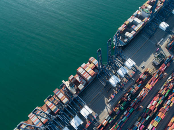 istock Aerial view of container terminal in sunrise 1406343061