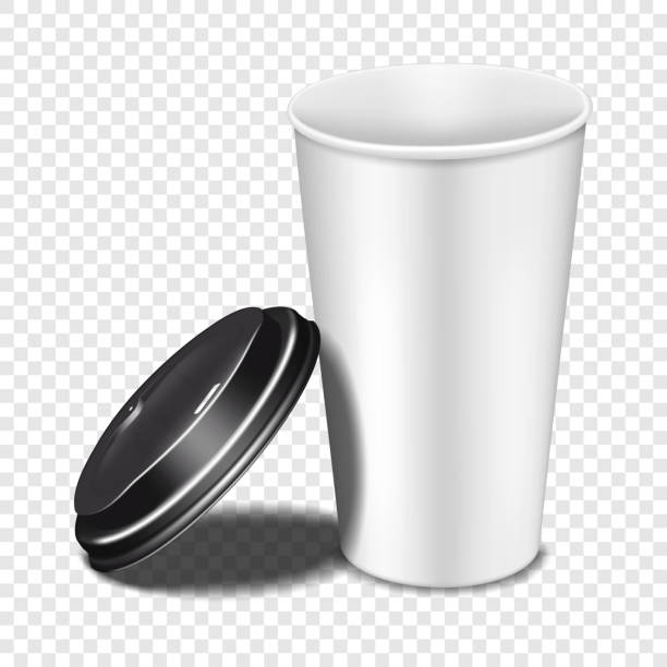 istock Disposable white blank paper takeaway coffee cup with open black plastic lid on transparent background. Realistic vector mock-up. Template for design 1406344143