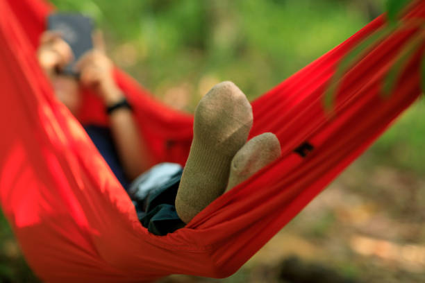 istock Reading ebook in hammock in tropical forest 1406344237