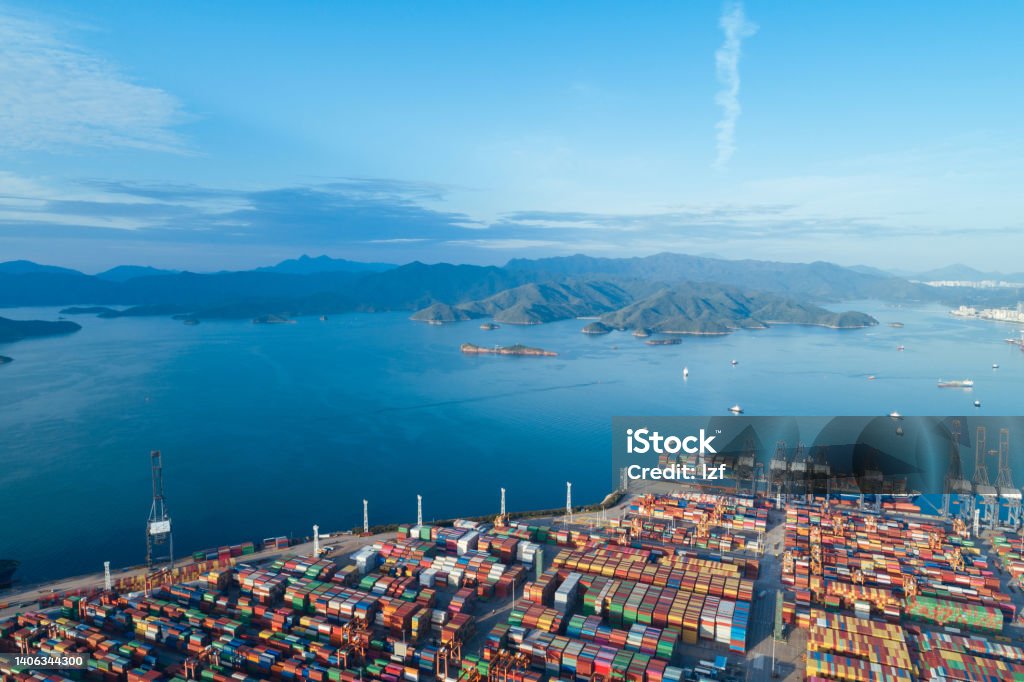 Shenzhen ,China - Circa 2022: Aerial view of Yantian international container terminal in Shenzhen city, China Commercial Dock Stock Photo