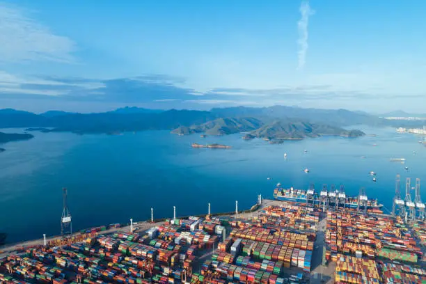 Shenzhen ,China - Circa 2022: Aerial view of Yantian international container terminal in Shenzhen city, China