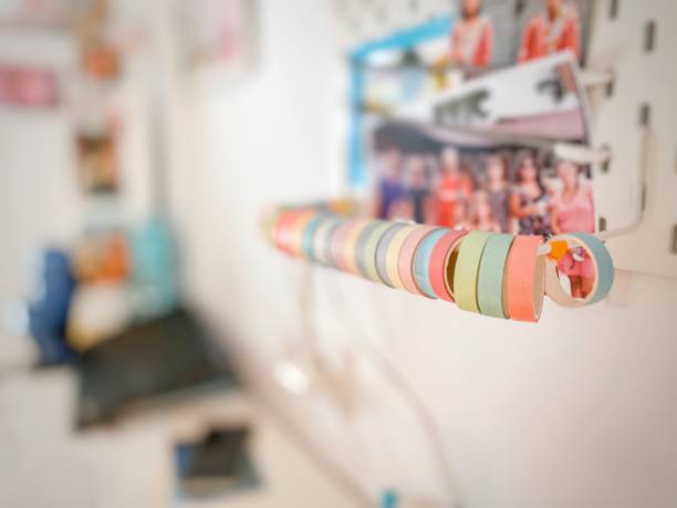 Youth desk with washi tape placed and ordered by colors