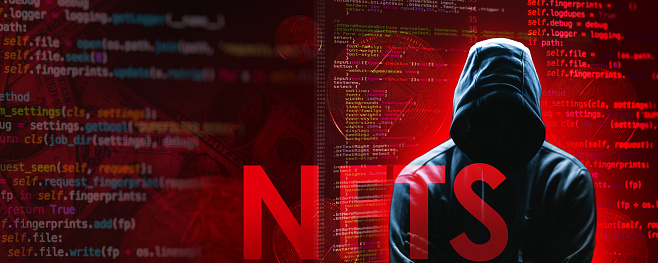 Hacker Non-Fungible Token text on coding red background ,Ethereum Crypto currencies blockchain hacker , Faceless man in a hoody in dark shadows