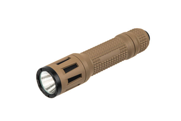 istock Brown metal LED flashlight isolate on a white background. Pocket lamp for dark time of day or dark rooms. 1406347721