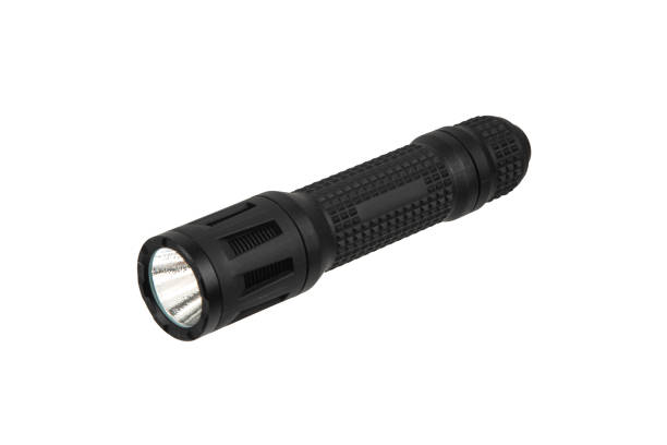 black metal led flashlight isolate on a white background. pocket lamp for dark time of day or dark rooms. - military airplane flash imagens e fotografias de stock