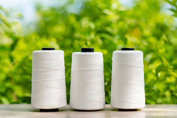 istock Raw White Polyester FDY Yarn spool with green blurred background 1406353469