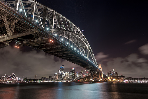 Sydney Harbour Bridge and cityscape. Long Exposure. Flowing Sky