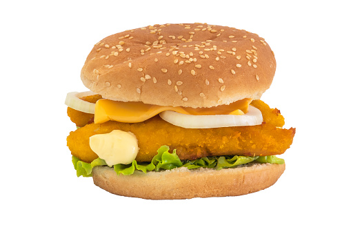 Isolated fried chicken burger on a white background