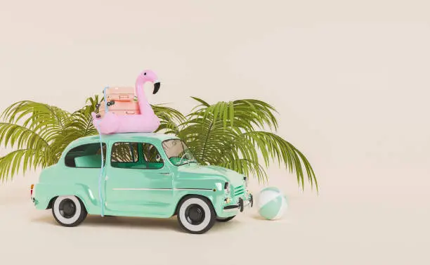3D illustration of mint vintage vehicle with flamingo tube and suitcases on roof parked near tropical palm leaves and beach ball during summer vacation on beige background