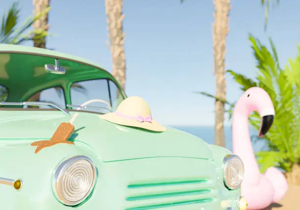 3D illustration of green retro vehicle with straw hat and melted ice cream on hood parked near flamingo tube and tropical palms on beach against blue sky and sea