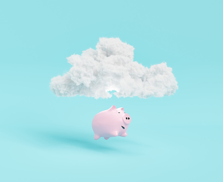 3D illustration of white cloud floating over piggy bank with money as symbol of financial crisis against turquoise background