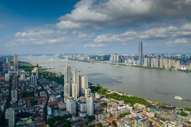 Aerial view of  Wuhan city with Yangtze River,China