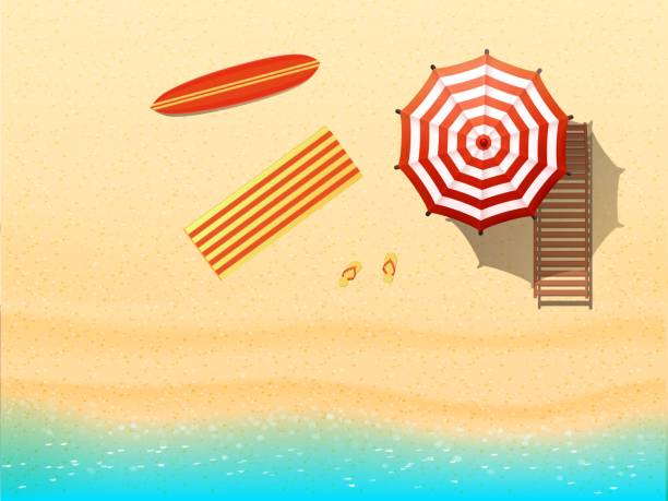 해�변 정상보기 배경 벡터, 바다, 플립 플롭, 서핑 보드, 우산, 안락 의자. 사실적인 벡터 일러스트 레이 션 - outdoor chair beach chair umbrella stock illustrations