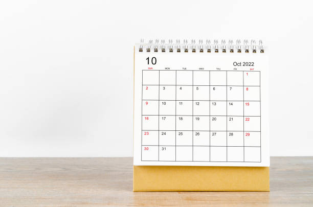 istock October 2022 desk calendar with plant on wooden table. 1406363236