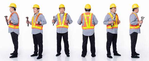 istock Full length 60s 50s Asian Senior man industry engineer contractor, 360 front side back rear 1406367857