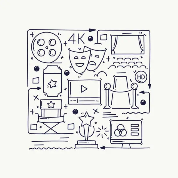 Vector illustration of Cinema and Movie Related Doodle Illustration. Hand Drawn Symbols, Doodle Sketch Vector