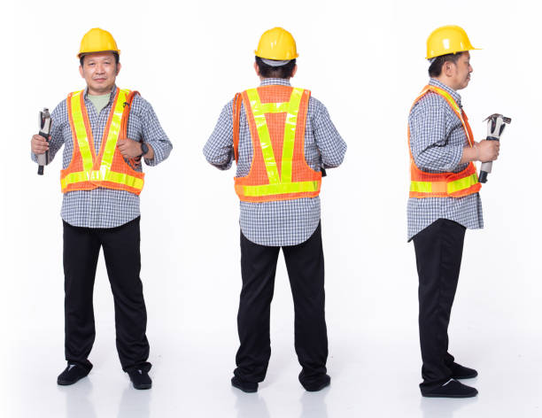 istock Full length 60s 50s Asian Senior man industry engineer contractor, 360 front side back rear 1406367908
