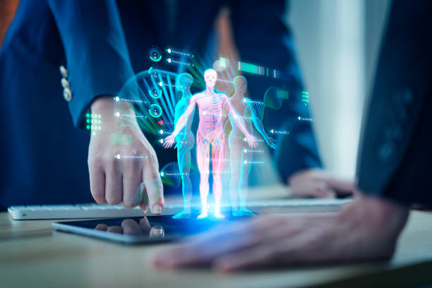 soins de santé numériques et technologie médicale à distance 3d ehr ai métavers médecin optimiser les soins aux patients médecine pharmaceutique produits biologiques traitement examen diagnostic, médecin travaillant sur hologramme - genetic research men substances analyzing photos et images de collection