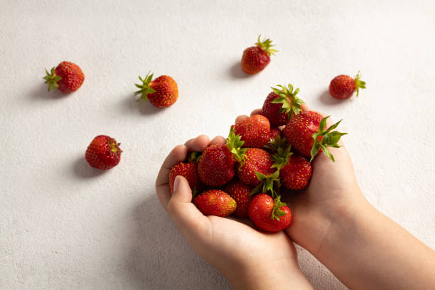 istock A child's hand holding strawberries on a light background 1406371118