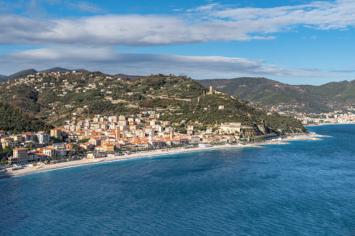 Aerial view of Noli, a picturesque town of Liguria region near Savona, Italy