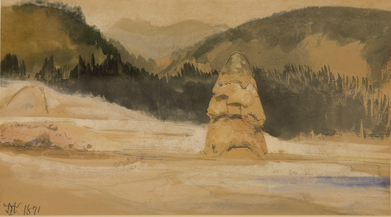 Thomas Moran's art work showing  Liberty Cap at Yellowstone National Park done in 1871