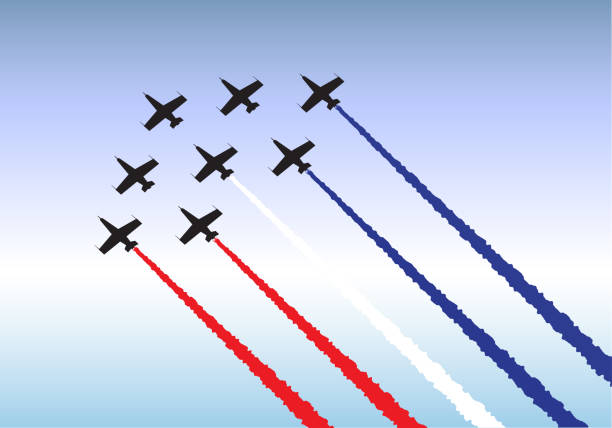 illustrazioni stock, clip art, cartoni animati e icone di tendenza di illustrazione di jet che volano in formazione con scie di vapore rosse bianche e blu celebrative. formato vettoriale eps10. - airshow