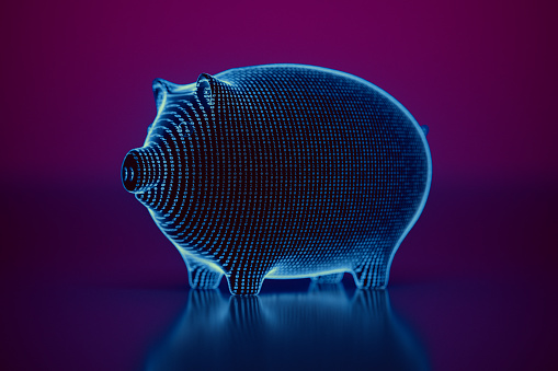 Virtual piggy bank on an abstract neon environment.