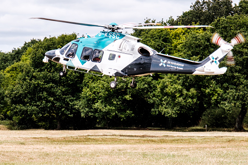 Epsom Surrey, London, July 02 2022, Emergency Respose Air Ambulance Taking Off From Epsom Downs Surrey