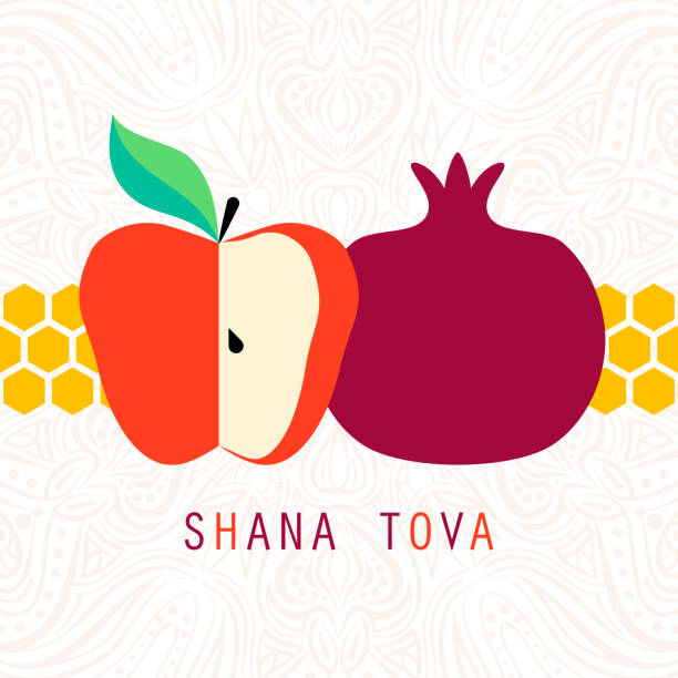 ilustraciones, imágenes clip art, dibujos animados e iconos de stock de tarjeta de felicitación con símbolos de rosh hashaná (granada y manzana, miel). diseño de celebración de año nuevo judío. feliz shana tova. feliz año nuevo en israel - shana tova