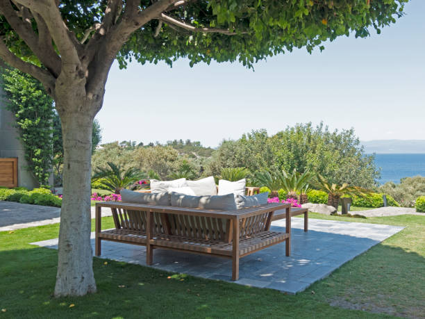 Garden and sitting area with sea