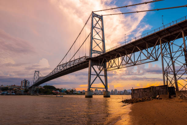 istock Hercilio luz cable stayed bridge with sunset sky in Florianopolis, Brazil 1406387884