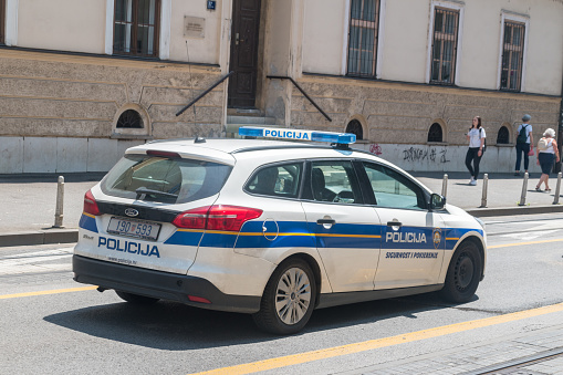 Zagreb, Croatia - June 2, 2022: Car of Croatian police (Policija).