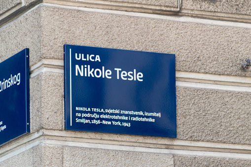 Zagreb, Croatia - June 2, 2022: Nikola Tesla sign. Street in Zagreb.