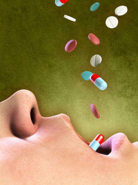Drug overuse Different pills falling into an open mouth. Digital illustration. big pharma stock pictures, royalty-free photos & images