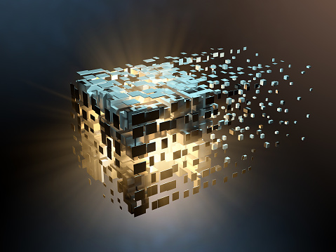 High tech cube disintegrating into cyberspace. 3D illustration.
