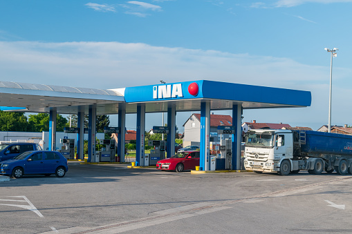 Sisak, Croatia - June 2, 2022: INA gas station. INA-Industrija nafte, d.d. is a Croatian multinational oil company.
