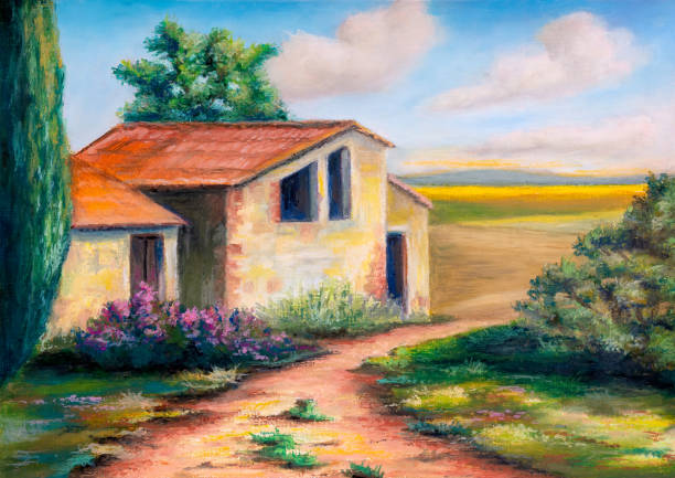 햇볕이 잘 드는 풍경의 시골 건물 - paintings canvas cottage painted image stock illustrations