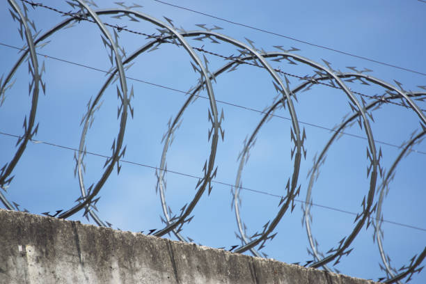 istock Barbed wire and electric fence, like a prison wall, with a blue sky 1406390924