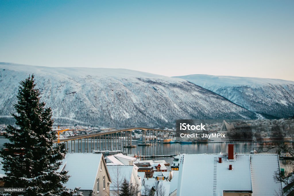 View of Tromso in Snowy Winter, Norway Tromso Stock Photo