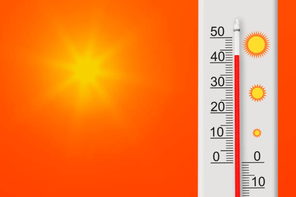 istock Celsius scale thermometer shows plus 43 degrees . Yellow sun in red sky. Summer heat 1406394458