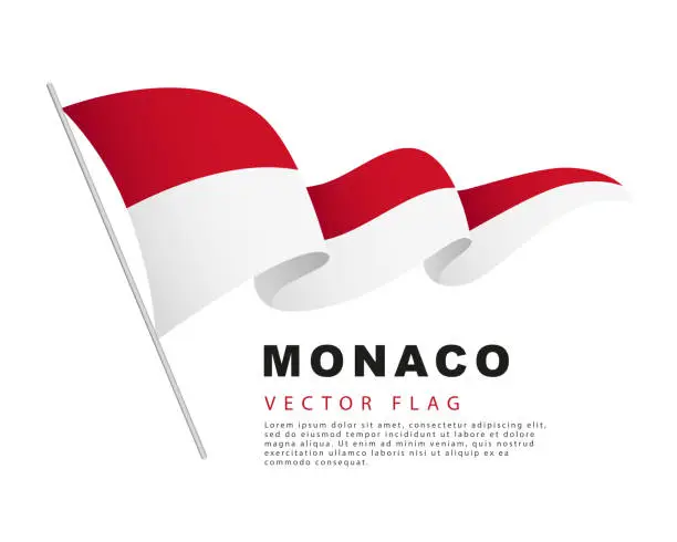 Vector illustration of The flag of Monaco hangs on a flagpole and flutters in the wind. Vector illustration isolated on white background.