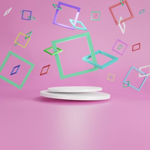 istock Light pink 3D background with various colorful square frames and white pallets. 1406397556