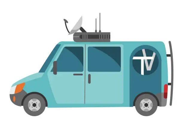 Vector illustration of Tv broadcasting vehicle with satellite dish on the roof. Car with antenna for reporting news. Auto side view. Journalist transportation