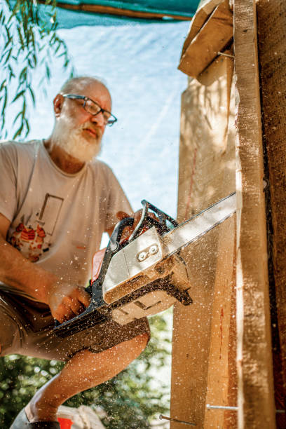 istock Senior artist using chainsaw for making wooden statue 1406401465