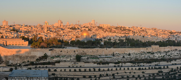 Panorama. Dawn on the Temple Mount in Jerusalem. Panorama of the Old City in Jerusalem in the early morning.