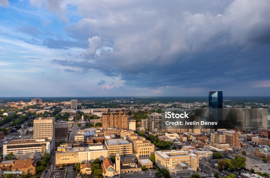 Mid western American city from drone point of view during dramatic sunrise Aerial view of downtown Lexington and the campus os the local University of Kentucky Lexington - Kentucky Stock Photo
