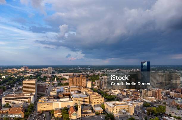 Mid Western American City From Drone Point Of View During Dramatic Sunrise Stock Photo - Download Image Now