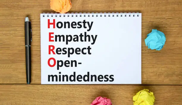 Photo of HERO honesty empathy respect open-mindedness symbol. Concept words HERO honesty empathy respect open-mindedness on the note on wooden background. HERO honesty empathy respect open-mindedness concept.