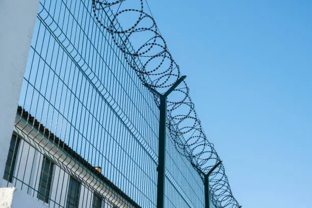 Photo of Mesh fence with barbed wire on top